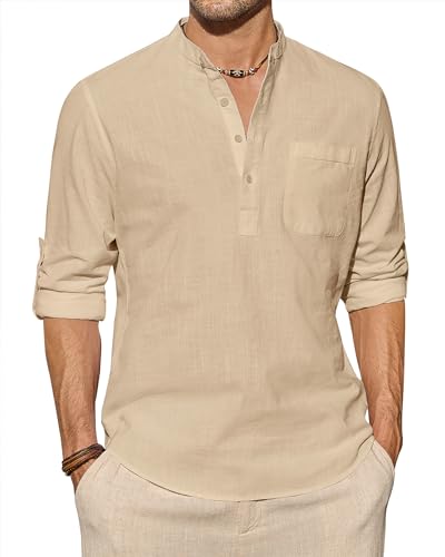 J.VER Leinenhemd Herren Langarm Freizeithemd Henley Sommerhemd Herren Hemd Regular Fit Men Shirts,Khaki,L von J.VER