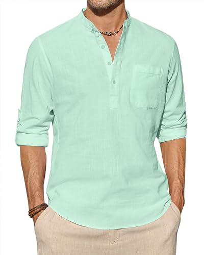 J.VER Leinenhemd Herren Langarm Freizeithemd Henley Sommerhemd Herren Hemd Regular Fit Men Shirts,Mint,3XL von J.VER