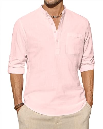 J.VER Leinenhemd Herren Langarm Freizeithemd Henley Sommerhemd Herren Hemd Regular Fit Men Shirts,Rosa,L von J.VER