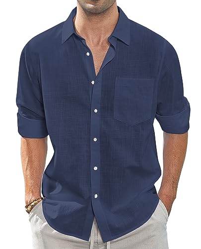 J.VER Leinenhemd Herren Sommer Langarmhemd Casual Leinen Shirt Button Down Regular Fit Freizeithemd,Marineblau,M von J.VER