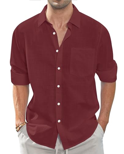 J.VER Leinenhemd Herren Regular Fit Leinenshirt Freizeithemd Sommer Businesshemd Casual Regular Fit Shirt,Bordeauxrot,L von J.VER