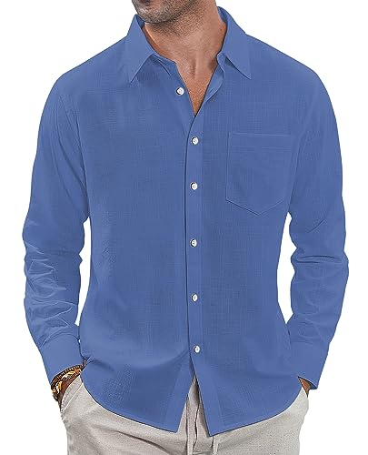 J.VER Leinenhemd Herren Saphirblau Sommerhemd Button Down Freizeithemd Hemd Herren Langarm Regular Fit Oberhemden Herren,Saphirblau,3XL von J.VER