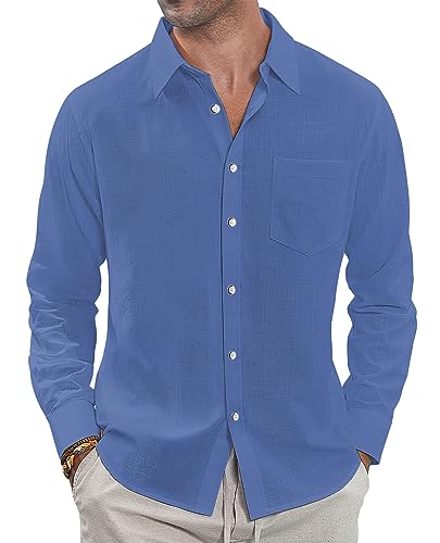 J.VER Leinenhemd Herren Saphirblau Sommerhemd Button Down Freizeithemd Hemd Herren Langarm Regular Fit Oberhemden Herren,Saphirblau,XXL von J.VER