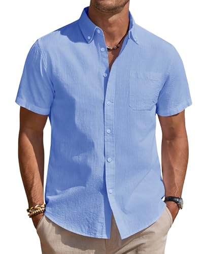 J.VER Leinenhemd Herrenhemd Kurzarm Casual Sommer Kurzarmhemd Button Down Leinen Shirt Urlaub Hochzeit Strandhemd Blau XXL von J.VER