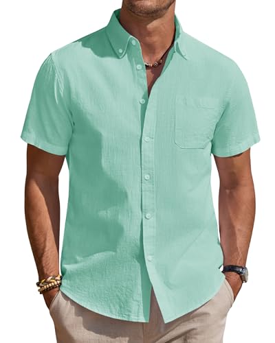 J.VER Leinenhemd Herrenhemd Kurzarm Casual Sommer Kurzarmhemd Button Down Leinen Shirt Urlaub Hochzeit Strandhemd Mint M von J.VER