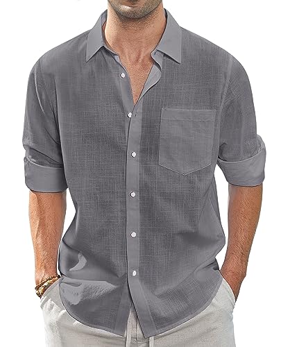J.VER Leinenhemd Herren Sommer Männer Langarm Businesshemd Men's Strand Hemd Freizeithemd Leichtes Strandoberteil mit Tasche,Dunkelgrau,XXL von J.VER