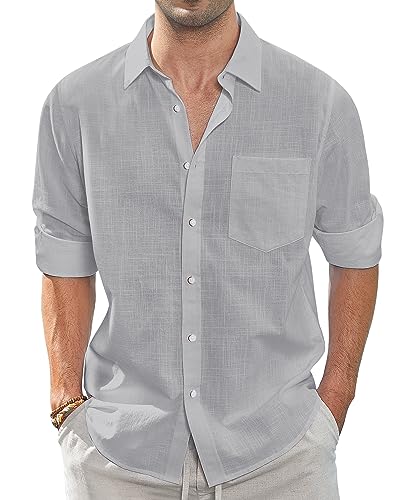J.VER Leinenhemd Herren Sommer Herren Langarm Businesshemd Männer Strand Hemd Freizeithemd Leichtes Strandoberteil mit Tasche,Grau,4XL von J.VER