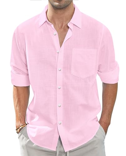 J.VER Leinenhemd Herren Sommer Freizeithemd Männer Businesshemd Strand Herrenhemd Freizeithemd Leichtes Strandoberteil mit Tasche,Rosa,L von J.VER
