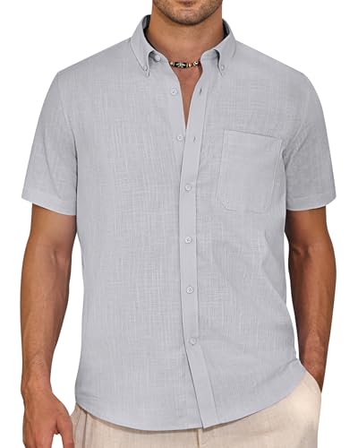 J.VER Leinenhemd Herren Sommer Kurzarm Hemd Freizeit Strand Casual Regular Fit Oberteil Men's Leichtes Sommerhemd,Hellgrau,L von J.VER