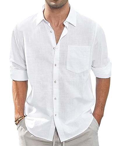 J.VER Leinenhemd Herren Weißes Langarm Freizeithemd Regular Fit Sommerhemd Knopfleiste Linen Shirt Einfarbig Casual Shirt Strandoberteil,Weiß,3XL von J.VER