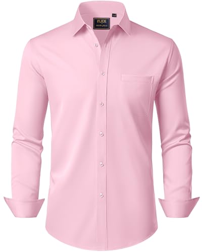 J.VER Langarmhemd Herren Rosa Modern Fit Freizeithemd Businesshemd Unifarben Elastisches Business Shirt mit Tasche,M von J.VER