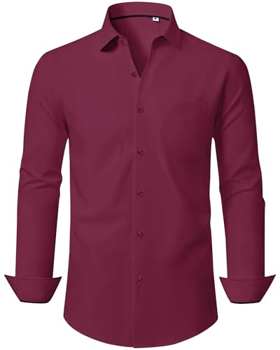 J.VER Mode für Herren Hemd Langarm Slim Fit Stretch Herrenhemden Business Casual Shirt Regular Fit Langarm Unifarben Stretch Anzughem Bordeaux von J.VER