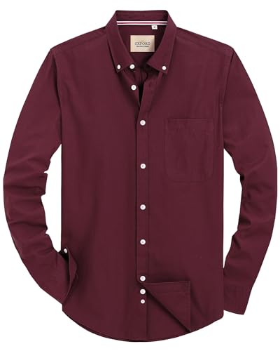 J.VER Oxford Herren Hemd Bügelfrei Regular Fit HerrenHemden Langarm Casual Oberhemd aus Baumwolle Button Down Hemden Faltenfrei Freizeithemd mit Tasche,Burgunderrot,4XL von J.VER