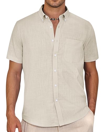 J.VER Sommerhemd Herren Kurzarm Freizeithemd Baumwolle Leinen Einfarbig Shirt Strand Oberteile,Beige,3XL von J.VER