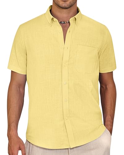 J.VER Sommerhemd Herren Kurzarm Freizeithemd Baumwolle Leinen Einfarbig Shirt Strand Oberteile,Gelb,3XL von J.VER