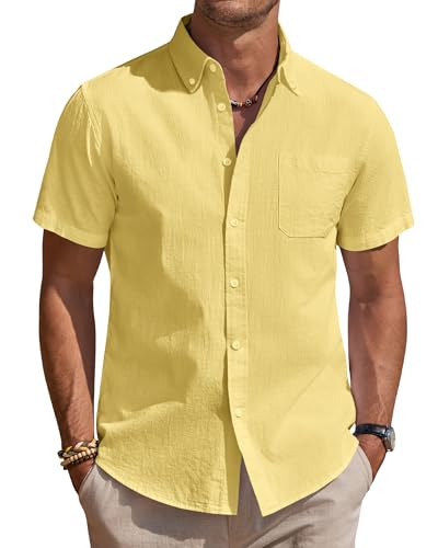 J.VER Leinenhemd Herren Hemd Kurzarm Freizeithemd Businesshemd Sommer Casual Regular Fit Shirt Gelb L von J.VER