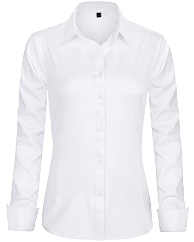 J.Ver Damen Kleid Hemden Langarm Button Down Shirts Faltenfreie Solide Arbeitsbluse, Weiß, Groß von J.VER