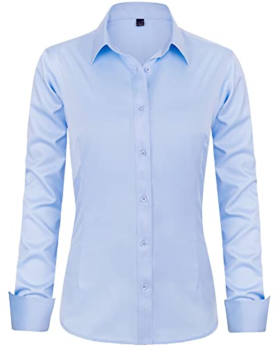 J.Ver Damen Kleid Hemden Langarm Button Down Shirts Faltenfreie Solide Arbeitsbluse, hellblau, Groß von J.VER