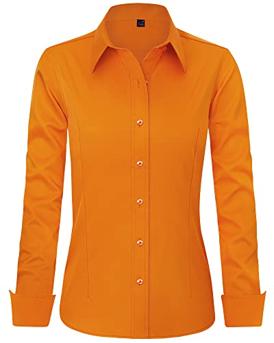 J.Ver Damen Kleid Shirts Langarm Knopfleiste Hemden Faltenfreie solide Arbeitsbluse, Orange/Abendrot im Zickzackmuster (Sunset Chevron), Klein von J.VER