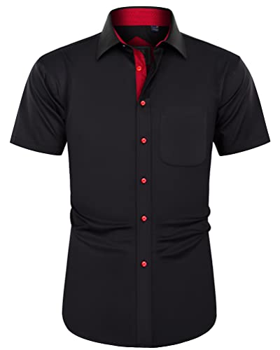 J.VER Herren Kurzarm Kleid Hemden mit Tasche Casual Button Down Shirts Knitterfrei Business Hemd, A-schwarz/rot, 5X-Groß von J.VER