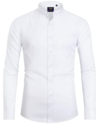 J.Ver Herren Banded Collar Kleid Hemd Langarm Mandarinenkragen Button Down Shirts Solid Stretch Formal Shirt mit Tasche, Weiss/opulenter Garten, Klein von J.VER