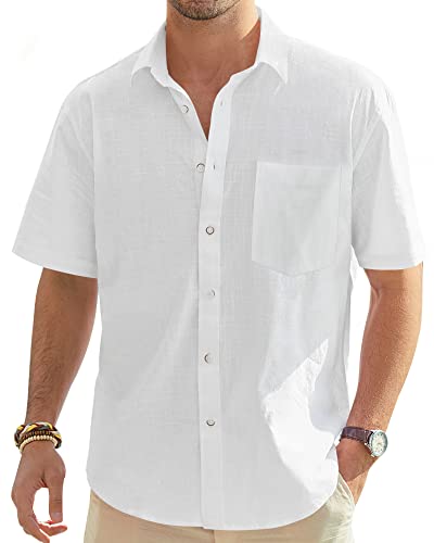 J.Ver Herren Baumwolle Leinen Kurzarm Hemden Casual Leicht Button Down Hemd Strand Sommer Tops mit Tasche, Weiss/opulenter Garten, XL von J.VER