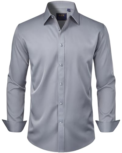 J.Ver Herren Kleid Hemden Solide Langarm Stretch Faltenfrei Formelles Hemd Business Casual Button Down Hemden, silbergrau, Groß von J.VER