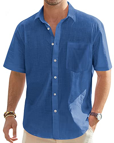 J.VER Herren Baumwolle Leinenhemd Herbst Sommer Herren Hemd Kurzarm Regular Fit Freizeithemd Shirts,Blau,L von J.VER