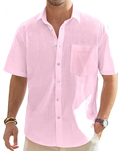 J.VER Herren Casual Plain Langarm Baumwolle Leinen Knopf Kentkragen Shirts Tops Kurzarmhemd Einfarbig Basic Shirt for Männer,Rosa,M von J.VER