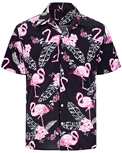 J.VER Herren Hawaiihemd Kurzarm Sommerhemd Casual Flamingo Floral Strandhemd Bügelfrei Button Down Kurzarm Hawaii Shirt Faltenfrei Urlaub Shirt,Schwarz Flamingo,3XL von J.VER