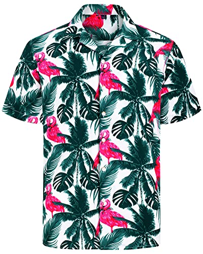 J.VER Herren Hawaiihemd Kurzarm Sommerhemd Casual Flamingo Floral Strandhemd Bügelfrei Button Down Kurzarm Hawaii Shirt Faltenfrei Urlaub Shirt,Grün Flamingo,S von J.VER