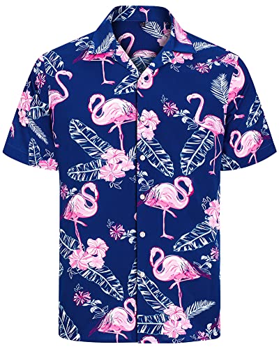 J.VER Herren Hawaiihemd Kurzarm Sommerhemd Casual Flamingo Floral Strandhemd Bügelfrei Button Down Kurzarm Hawaii Shirt Faltenfrei Urlaub Shirt,Blau Flamingo,XXL von J.VER