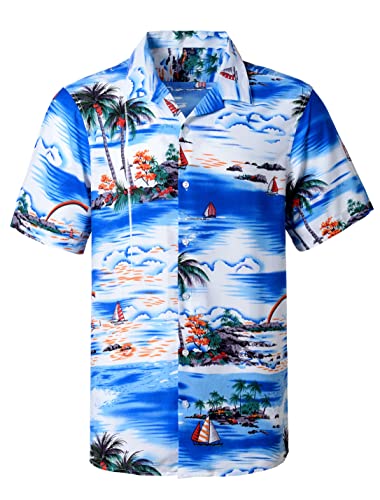 J.VER Herren Hawaiihemd Kurzarm Sommerhemd Casual Flamingo Floral Strandhemd Bügelfrei Button Down Kurzarm Hawaii Shirt Faltenfrei Urlaub Shirt,Blaues Meer,S von J.VER