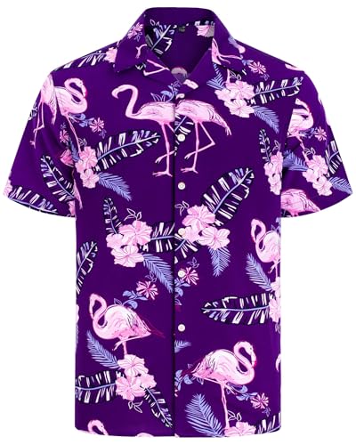 J.VER Hawaiihemd Männer Funky Blumen Flamingo Kurzarmhemd Freizeit Regular Fit Hemden für Urlaub Surfer Urlaub Party Lila Flamingo L von J.VER