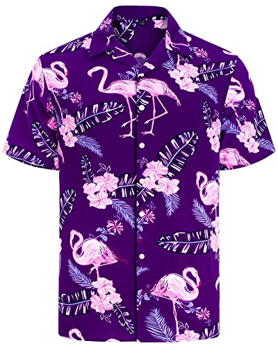 J.VER Herren Hawaiihemd Kurzarm Sommerhemd Casual Flamingo Floral Strandhemd Bügelfrei Button Down Kurzarm Hawaii Shirt Faltenfrei Urlaub Shirt,Lila Flamingo,XL von J.VER