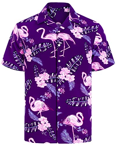 J.VER Herren Hawaiihemd Kurzarm Sommerhemd Casual Flamingo Floral Strandhemd Bügelfrei Button Down Kurzarm Hawaii Shirt Faltenfrei Urlaub Shirt,Lila Flamingo,XXL von J.VER