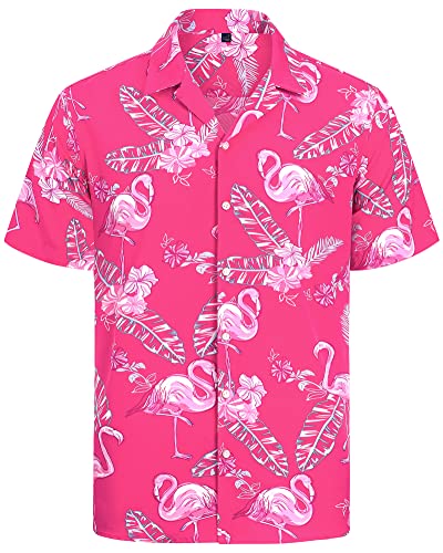 J.VER Herren Hawaiihemd Kurzarm Sommerhemd Casual Flamingo Floral Strandhemd Bügelfrei Button Down Kurzarm Hawaii Shirt Faltenfrei Urlaub Shirt,Rosa Flamingo,3XL von J.VER