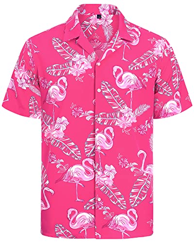 J.VER Herren Hawaiihemd Kurzarm Sommerhemd Casual Flamingo Floral Strandhemd Bügelfrei Button Down Kurzarm Hawaii Shirt Faltenfrei Urlaub Shirt,Rosa Flamingo,M von J.VER