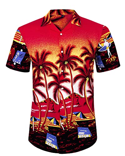 J.VER Herren Hawaiihemd Kurzarm Sommerhemd Casual Flamingo Floral Strandhemd Bügelfrei Button Down Kurzarm Hawaii Shirt Faltenfrei Urlaub Shirt,Rot Strand,3XL von J.VER