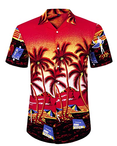 J.VER Herren Hawaiihemd Kurzarm Sommerhemd Casual Flamingo Floral Strandhemd Bügelfrei Button Down Kurzarm Hawaii Shirt Faltenfrei Urlaub Shirt,Rot Strand,XXL von J.VER
