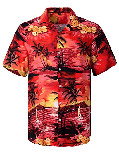 J.VER Herren Hawaiihemd Kurzarm Sommerhemd Casual Flamingo Floral Strandhemd Bügelfrei Button Down Kurzarm Hawaii Shirt Faltenfrei Urlaub Shirt,Rot Kokosnussbaum,M von J.VER