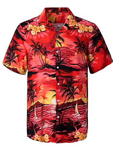 J.VER Herren Hawaiihemd Kurzarm Sommerhemd Casual Flamingo Floral Strandhemd Bügelfrei Button Down Kurzarm Hawaii Shirt Faltenfrei Urlaub Shirt,Rot Kokosnussbaum,XL von J.VER