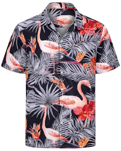 J.VER Kurzarmhemd Herren Hawaiihemd Flamingo Blumenhemden Sommer Freizeit hemde Bügelfrei Comfort Fit Strandhemd Für Büro Hochzeit Reisen Schwarzer Flamingo XL von J.VER