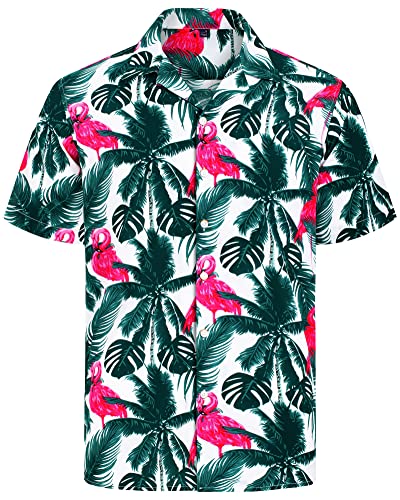 J.VER Herren Hawaiihemd Kurzarm Sommerhemd Casual Flamingo Floral Strandhemd Bügelfrei Button Down Kurzarm Hawaii Shirt Faltenfrei Urlaub Shirt,Grün Flamingo,XL von J.VER