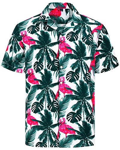J.VER Kurzarmhemd Herren Hawaiihemd Flamingo Blumenhemden Sommer Freizeit hemde Bügelfrei Comfort Fit Strandhemd Für Büro Hochzeit Reisen Grün Flamingo XL von J.VER