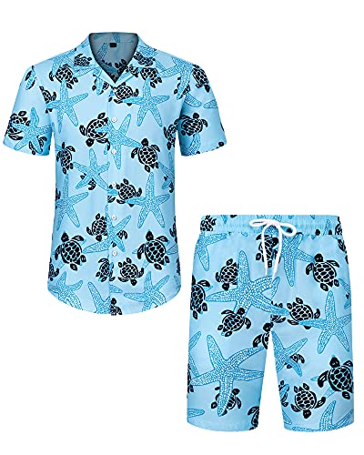 J.VER Herren Hawaiihemd Kurzarm Party Hemd Casual Flamingo Floral Strandhemd Bügelfrei Button Down Kurzarm Hawaii Shirt und Shorts Faltenfrei Urlaub Hemd Set,Blau Schildkröten,S von J.VER