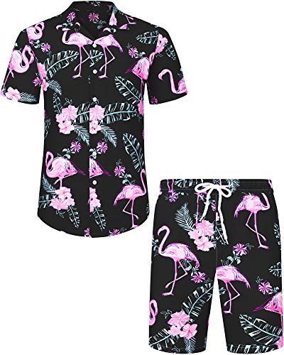 J.VER Herren Hawaiihemd Flamingo Floral Kurzarmhemd und Shorts Sommer Beach Freizeithemden Funky Party Outfit Hawaii Hemd Männer Faltenfrei Urlaub Hemd Set,Schwarz Flamingo,S von J.VER