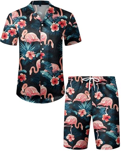 J.VER Herren Hawaiihemd Kurzarm Party Hemd Casual Flamingo Floral Strandhemd Bügelfrei Button Down Kurzarm Hawaii Shirt und Shorts Faltenfrei Urlaub Hemd Set,Marineblau Floral,L von J.VER