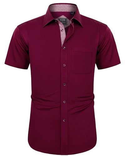 J.VER Herren Hemd Kurzarm Freizeithemd mit Tasche Regular Fit Businesshemd Bügelleichte Oberteile Männer Modern,Bordeaux,2XL von J.VER