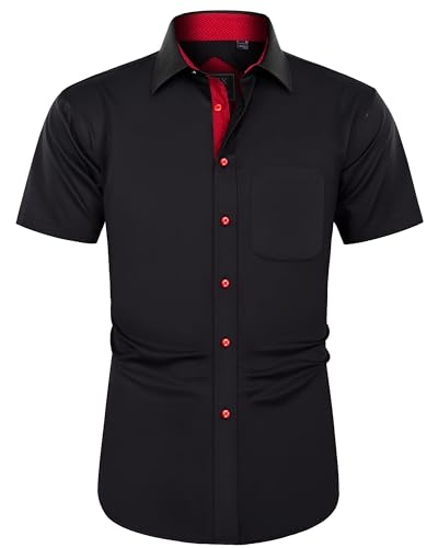 J.VER Hemd Kurzarm Herren Casual Regular Fit BüGelfrei Business Hemden Faltenfrei Formales Shirt mit Tasche,Schwarz Rot,M von J.VER